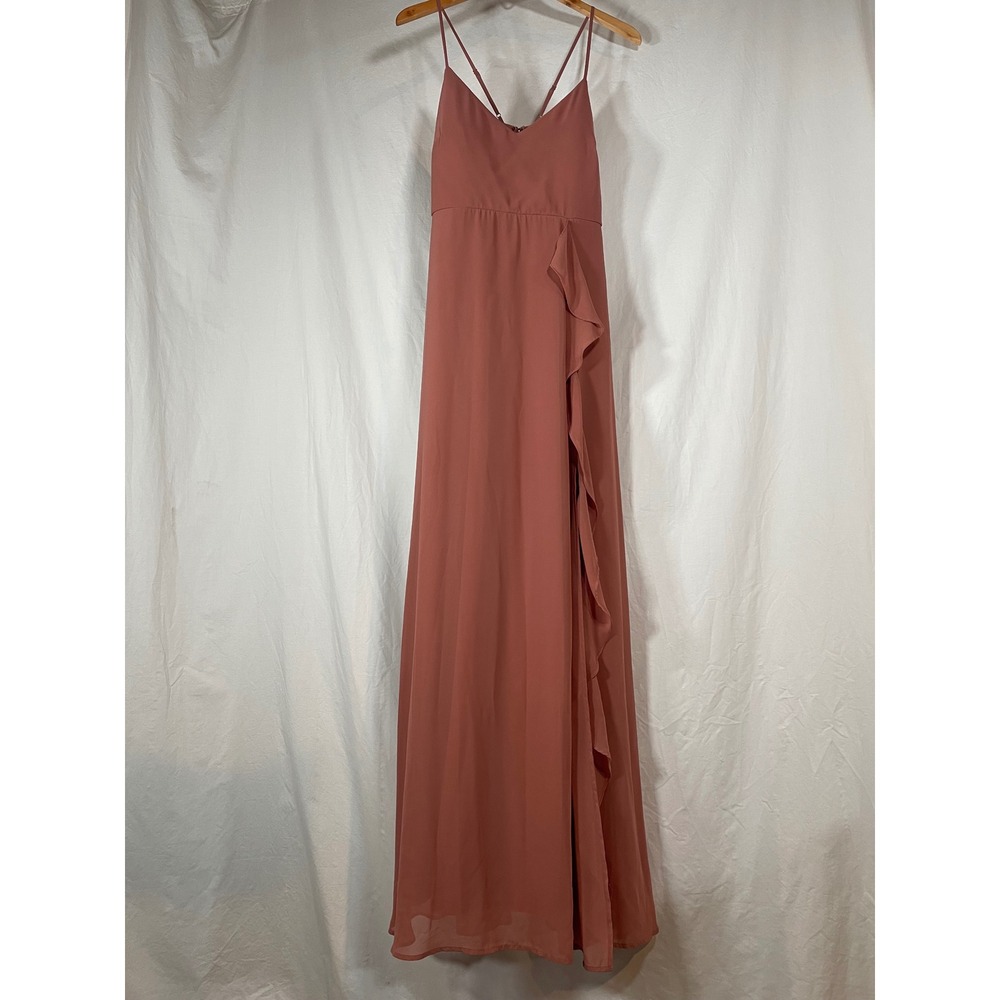 Birdy Grey Christina Ruffle Maxi Dress Dusty Rose Pink V-Neck Bridesmaid Large
